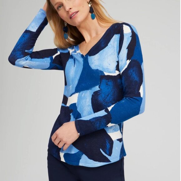 Chico’s Spun Rayon Blue Abstract Print V-Neck Pullover Sweater 4 (XXL 20/22) - Picture 3 of 4